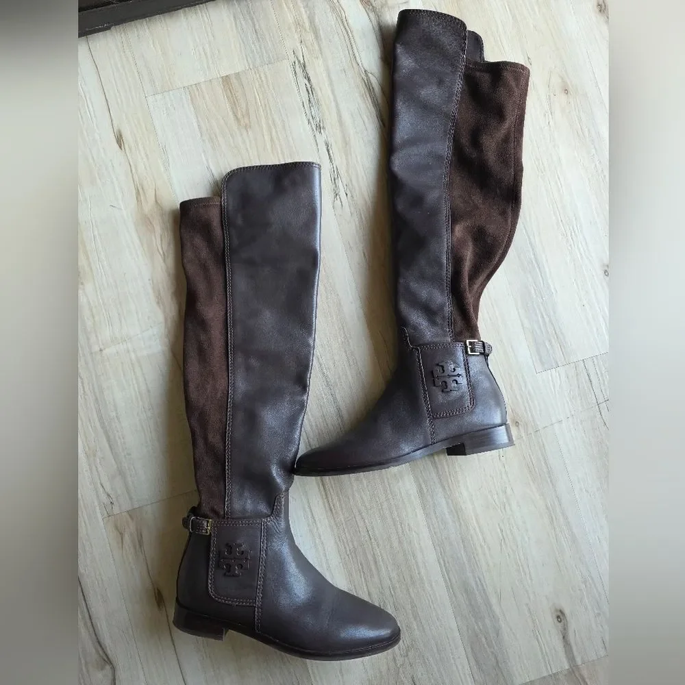 Tory Burch Wyatt Over-The-Knee Boot Brown Leather & Suede Gold Buckle 6M Riding